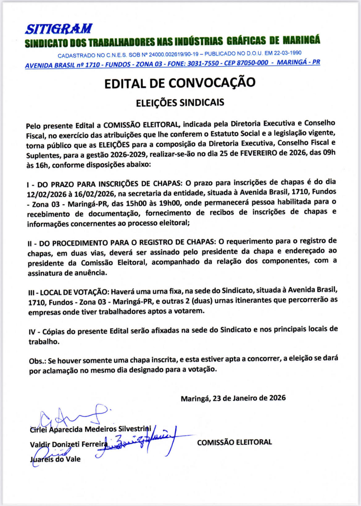 Edital de Convocação - Eleições Sindicais